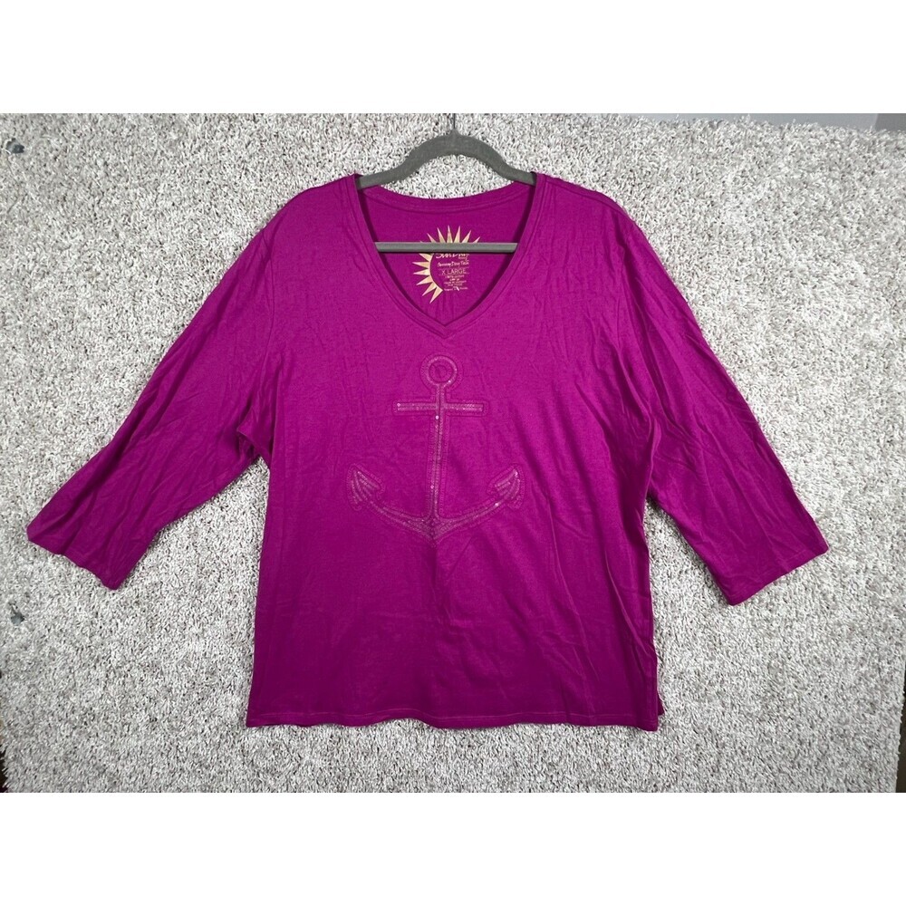 Sun Bay Women’s XL Pink Anchor Shirt 100% Cotton V-Neck 3/4 Sleeve Beach Coastal